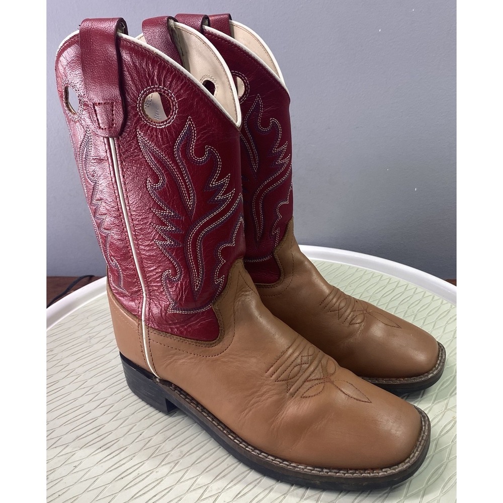 Old West Kids Unisex Leather Western Cowboy Cowgirl Riding Boots Tan&Red Sz. 3 D
